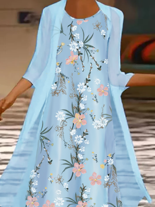 Women's Two Piece Dress Sky Blue Floral Sweet A-Line Maxi Dresses Elegant 2022 M L XL XXL 3XL