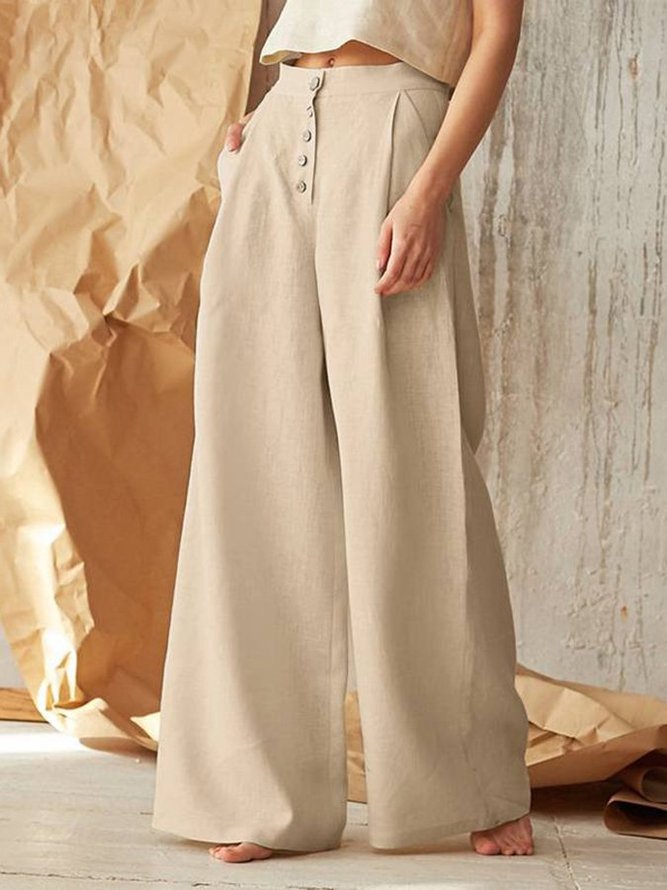 Solid High-rise Buttoned Pants