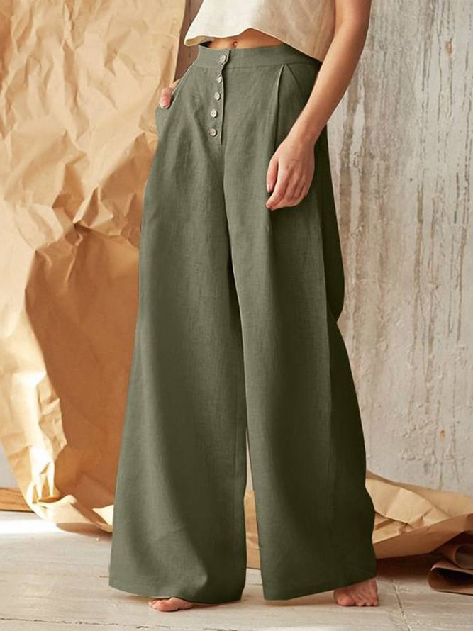 Solid High-rise Buttoned Pants