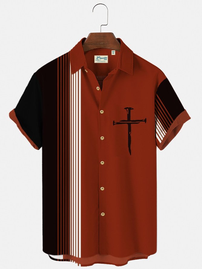 Men's 50's Vintage Casual Bowling Shirts Cross Faith Plus Size Tops ...
