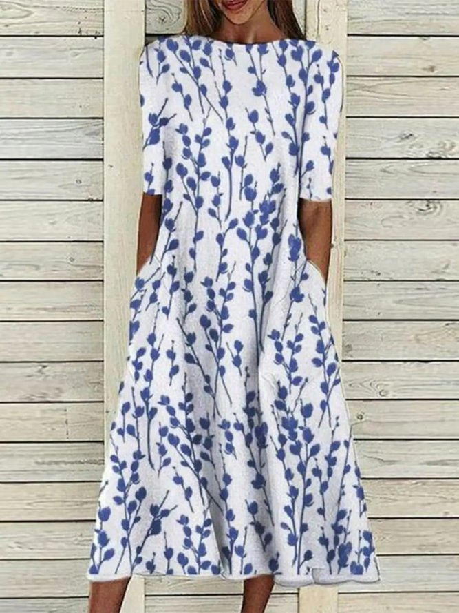 Blue Round Neck Casual Floral Midi Dress