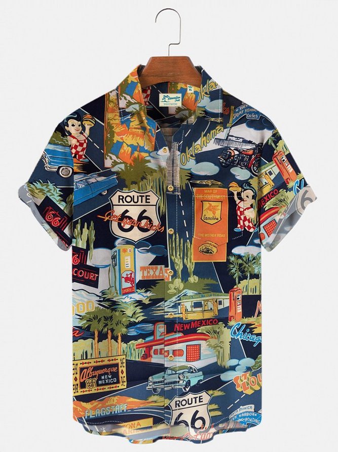 Men's Vintage Hawaiian Shirts Route 66 Classic Car Quick Dry Wrinkle ...