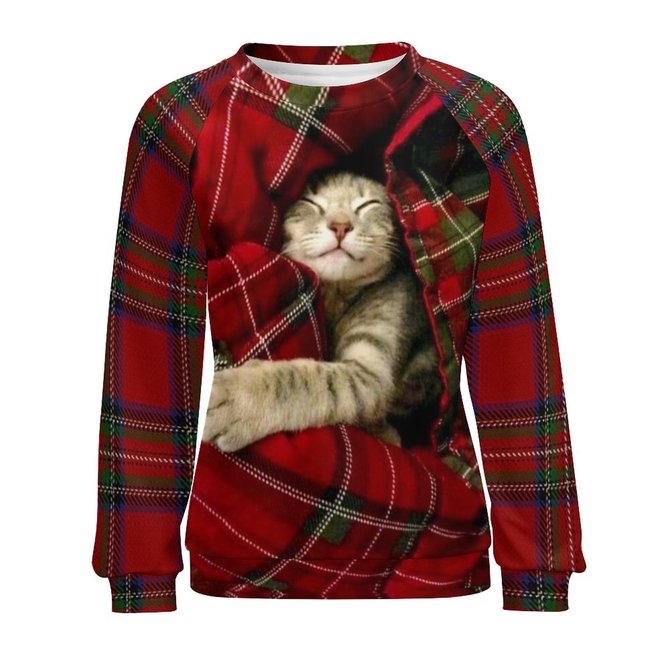 Womens Christmas Cat Crew Neck Sweatshirts