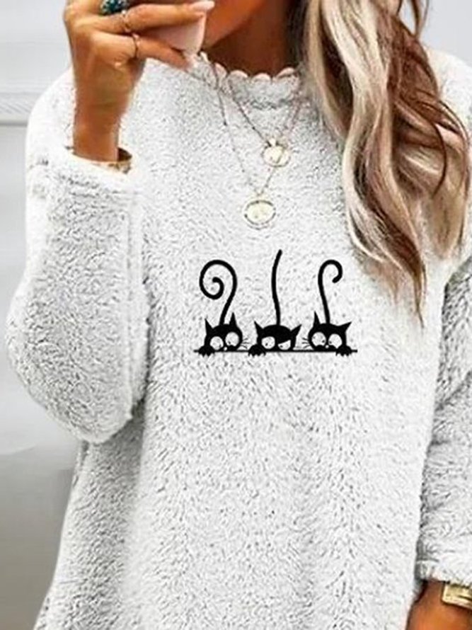 Women Pockets Cute Cat Sweatshirt