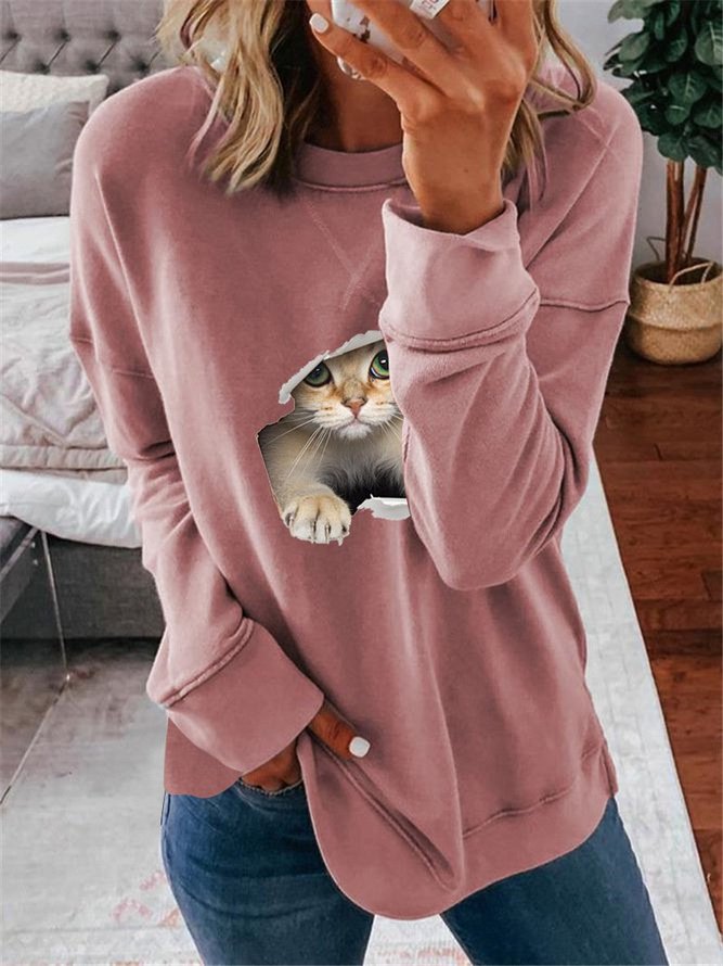 Women Cute Cat Shift Long Sleeve Sweatshirt