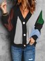 Women Buttoned Patchwork Casual Long Sleeve Sweater