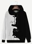 JoyMitty Casual Black and White Cat Cartoon Men's Long Sleeve Drawstring Hoodies Stretch Pocket Casual Pullover Sweatshirts