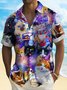 New Year Fireworks Men's Hawaiian Shirts Cute Cat Cartoon Stretch Easy Care Camp Pocket Shirts Big Tall